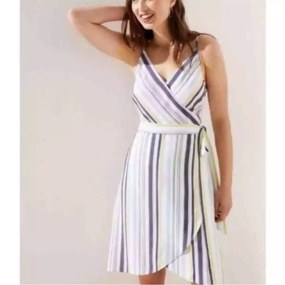 Loft blue, yellow, white striped wrap dress size 4 tall